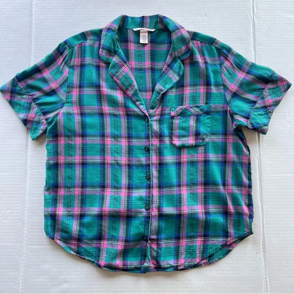 Victoria's Secret Flannel Shirt Womens S Small Plaid Button Front Short Sleeve - Picture 1 of 10
